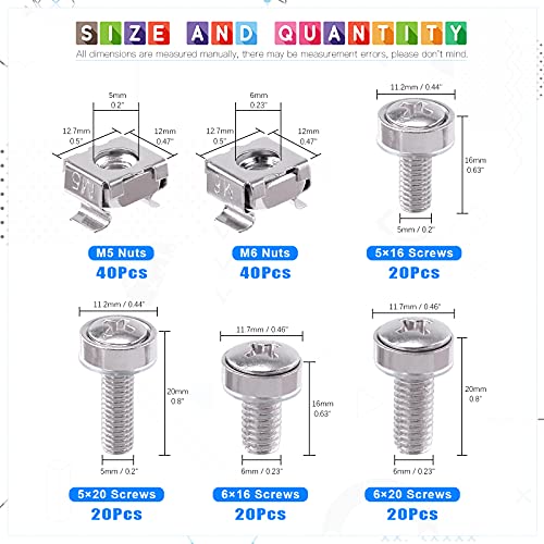 Glarks 80Sets/160Pcs M5 M6 Cage Nuts and Screws Set, Square Hole Hardware Cage Nuts & Mounting Screws Washers for Server Rack and Cabinet (M5 x 16mm, M5 x 20mm, M6 x 16mm, M6 x 20mm)