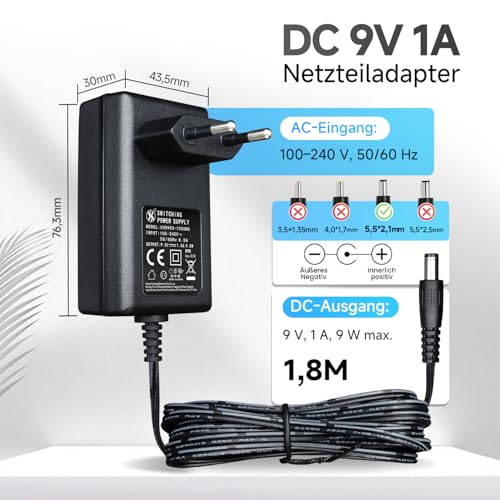 9V 1A/1000mA 1.8M Power Supply with 8 DC Plugs, AC/DC 9W Switching Power Supply for Arduino UNO MEGA/Tapo Camera/Cross Trainer/Router/Speaker, Positive Pole Inside - CE Certified 9V 1A mit 8 steckers