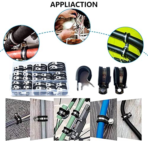 56PCS Large Stainless Steel Rubber Coated Cushioned Insulated Cable Clamps Assortment Kit - Automotive & Pipe Clamps in 7 Sizes - 3/4" to 2"