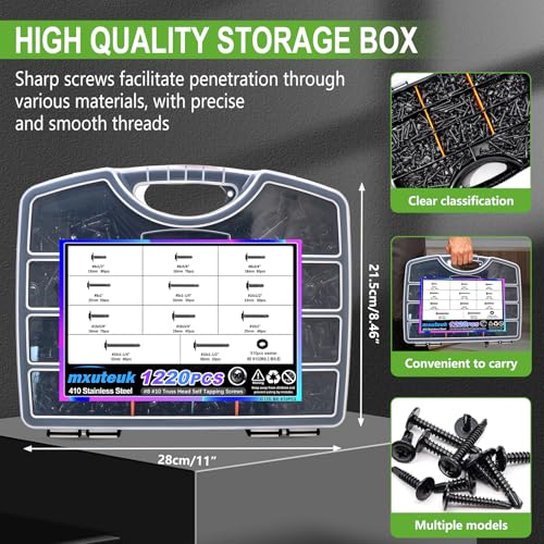mxuteuk 1220PCS #8#10 Black Self Tapping Screws for Metal,410 Stainless Steel Self Drilling Screws,1/2" to 1-1/2" Truss Head Sheet Metal Screws for Metal,Plastic,Wood (610PCS Sets) BK 1220PCS #8 #10 Kit