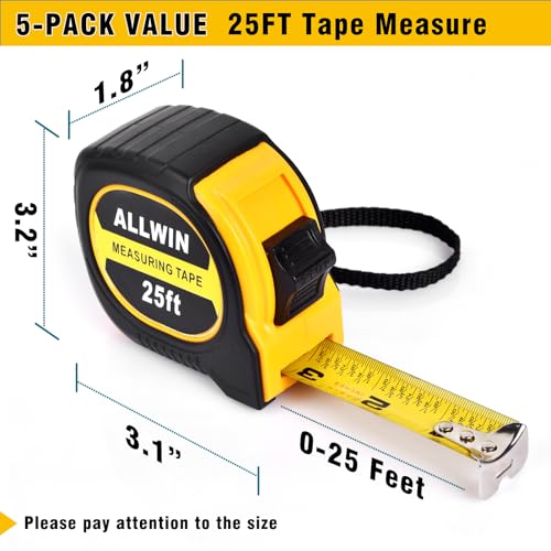 5 Pack Tape Measure 25 ft, Easy Read Measuring Tape with Fractions 1/8, Retractable 25-Foot by 1-Inch Blade with Durable Coating & Impact-Resistant Case for Contractors & DIY