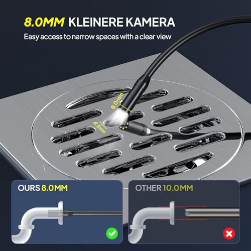 Qimic Endoscope Camera with Light, 1080P HD Tube Camera with 8 LEDs, 2.4 Inch IPS IP67 Screen, Inspection Camera, Live Picture with 2 x Zoom, Semi-Rigid Cable, 16.4 ft, 2000 mAh Battery 2.4in-5m