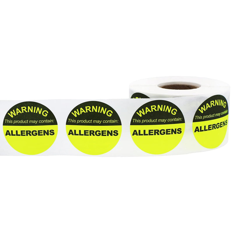 Allergen Warning Food Stickers Fluorescent Yellow, 1.5 Inch Round Circle Adhesive Labels, 500 Allergy Warning Stickers Per Roll for Food Prep, Restaurants, Kitchens – Made in the USA