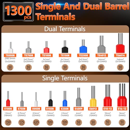 Preciva Ferrule Crimping Tool Kit - AWG 28-5 (0.08-16mm²) Hexagonal Ferrule Crimper with 950Pcs Single and 350Pcs Twin Ferrules Connectors, Self-Adjustable Ratchet Ferrule Terminals Crimping Tool Hex Crimper & Single/Twin Connectors