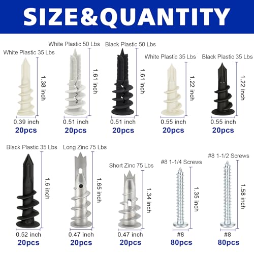 Drywall Anchors and Screws Kit, 320 PCS Self Drilling Wall Anchors and Screws for Drywall,Sheetrock,Hollow Door,Plaster Wall - Zinc Metal & Nylon Plastic Assortment, No Pilot Hole Required