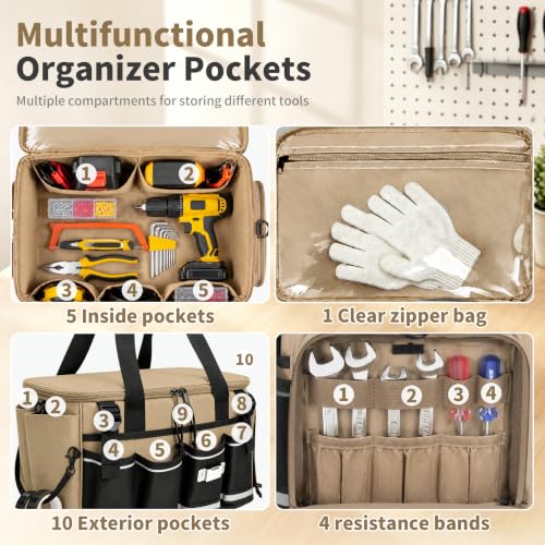 14-Inch Heavy Duty Tool Bag, 17 Pocket Tool Box Organizer Khaki
