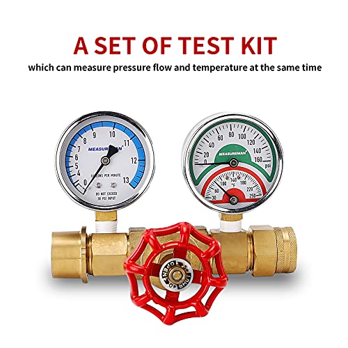 MEASUREMAN Brass Water Flow, Temperature and Pressure Test Assembly，Pressure (0-160 PSI) Flow Rate (0-13 GPM) Temperature (30-250 deg F), 3/4" GHT Female Thread & 3/4" Push-to-Connect Fitting