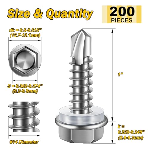 Mywish M10 x 20mm 20Pcs Flat Head Hex Socket Cap Screws Bolts & 200pcs #14×1" Self Drilling Screws for Metal, Self Tapping Screws, Hex Washer Head Self Drilling Screws, Furniture Bolts Full Thread