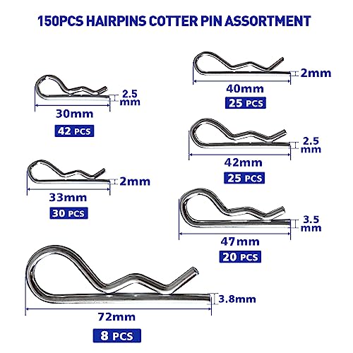 boatsea 184Pcs Cotter Pin Assortment Kit Heavy Duty Hitch Linch and PTO Pins,Shaft Locking R Clips Retaining Hair Pins Assortment, Including Pins&Square Arch Pins&Lynch pins,trailer pin