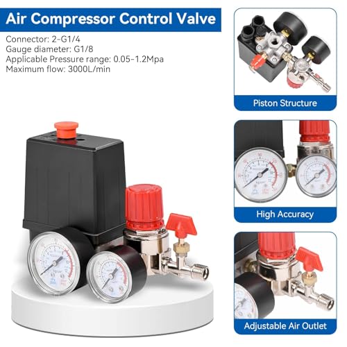 Air Compressor Pressure Valve Switch, 2-G1/4 Connector 0.05-1.2Mpa Air Compressor Pressure Switch Control Valve with G1/8 Gauge 3000L/Min Maximum Flow Air Compressor Regulator