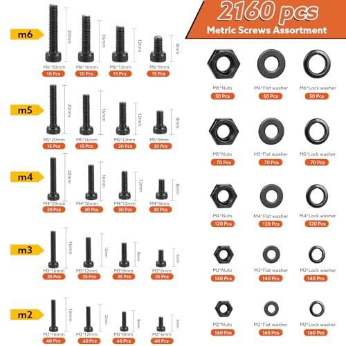 Hapric 2160 Pcs Metric Screw Assortment M2 M3 M4 M5 M6 Nuts and Bolt Kit Black M2-M6 Screw Assortment 2160Pcs