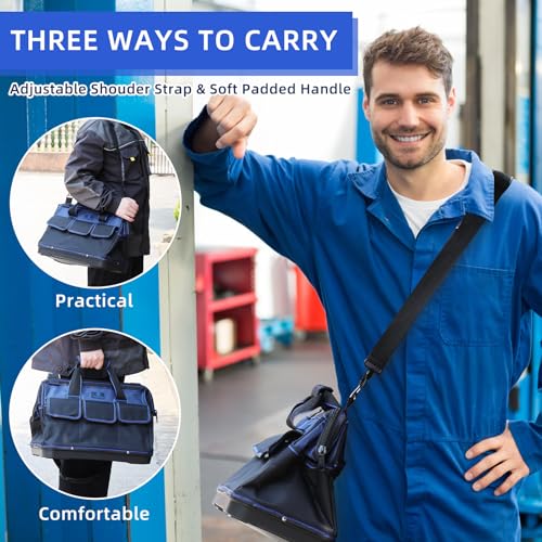 Tool Bag 16'', Multi-pocket Tool Organizer with Water Proof Plastic Base, Heavy Duty Tote with Shoulder Strap for Tool Storage, Black & Blue