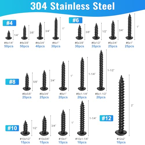 460PCS Black Stainless Steel Wood Screws Assortment Kit, 18 Sizes #4#6#8#10#12 Pan Head Sheet Metal Screws Self Tapping Screws Set for Wood Deck Drywall Concrete Screws, Length 1/4" to 2" Black Pan Head 460PCS