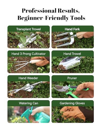 VerdantVibes 9-Piece Garden Tool Set - Heavy Duty Gardening Hand Tools with Ergonomic Non-Slip Grips, Rust-Resistant Shovel, Trowel, Rake, Pruner & Storage Bag - Ideal Gardening Gifts for Women Black