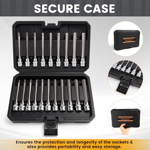 Mulwark 20PC 3/8" Drive Extra Long Allen Hex Bit Socket Set - Long Allen Socket Set contain Metric Allen Sockets 3mm - 12mm | SAE Hex Sockets 1/8'' - 7/16'' with Storage Case for Repair and Assembly Bright Silver Medium 20PCS Long Hex Socket Set 20