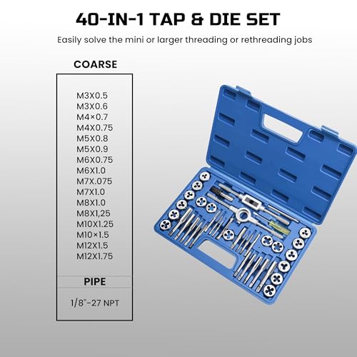 Anfrere 40pcs Metric Tap and Die Set, Metric Standard Rethreading Tool Kit