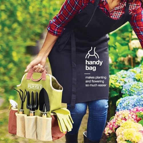 APSARAS USA Gardening Tools, Garden Tool Set, 10 Pieces Heavy Duty Sturdy Steel Gardening Tool Set with 600D Oxford Cloth Storage Tote Bag, Durable Supplies Kit Perfect Garden Gifts for Father Wood Handle and Sturdy Steel