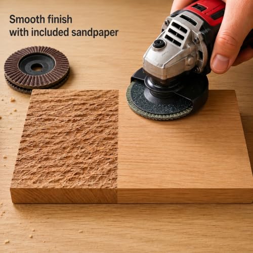 5Pcs Wood Carving Disc Set for 4-4.5 Inch Angle Grinder, Carbon Steel Wood Grinding Wheel with Stump Grinder Disc & Polishing Sandpaper for DIY Woodworking