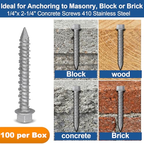Tandefio 100 Pcs 1/4" x 1-3/4" 410 Stainless Steel Hex Concrete Anchor Screws Diamond Point Salt Fog Zinc Plated Silver Heavy Duty Anchors for Masonry Block Brick 1-3/4"