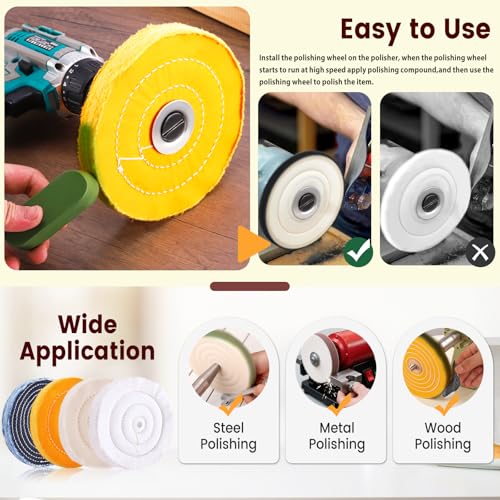 8PCS 8 Inch Buffing & Polishing Wheel Kit for Bench Grinder, 1/2" Arbor Hole, Denim/Yellow/White/Flannel Polishing Wheels with 4 Buffing Compound Set,Polishing Rouge Bars 8 Inch - 8 PCS