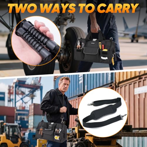 TICONN Heavy Duty Tool Bag Organizer, Portable Tool Box with Shoulder Strap 18" Standard Base Black