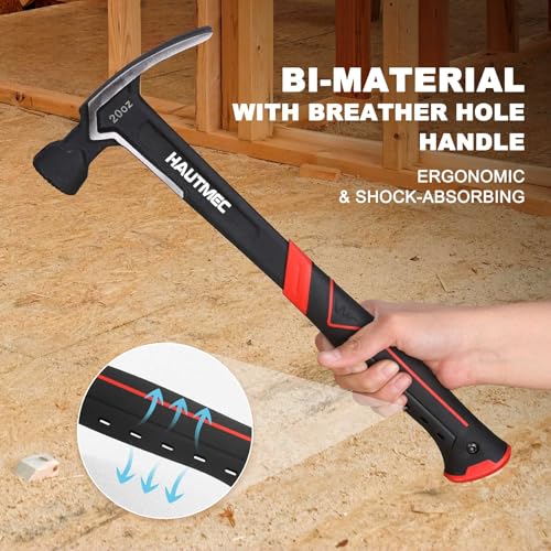 HAUTMEC 20 oz. One Piece Forged Framing Hammer With Straight Rip Claw Hammer, Milled Face, Shock-Absorbing Grip, with Magnetic Nail Holder, HT0371-HM 20oz Claw Hammer