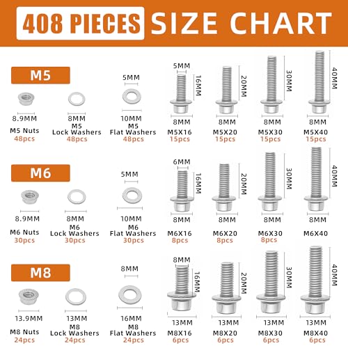 304 Stainless Steel (A2-70) Metric Bolt & Nut Assortment Kit - 408pcs M5/M6/M8 Hex Bolts, Nuts & Washers Set - Fully Threaded 18-8 Stainless Steel Hardware Kit 408 pieces M5/M6/M8