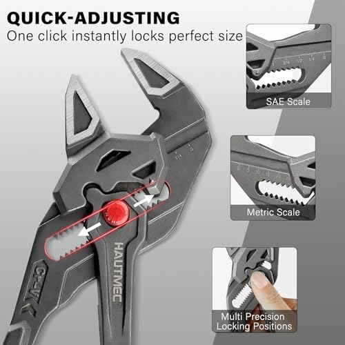 HAUTMEC 3PCS Adjustable Pliers Wrench Sets (7 10 12"), Smooth Jaw Parallel Pliers, Heat-Treated CR-V Steel & Phosphated Rust-Resistant, SAE/Metric Scale, Storage Belt Pouch for Professional & DIY 7&10&12 Inch