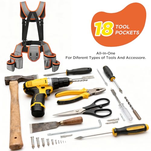 Tool Belt with Suspenders, Tool Belts for Men, Magnetic Wristband & Detachable Pouch – Heavy Duty Adjustable Belt for Electricians, Carpenters, DIY, Construction,Gift (Gray-Orange, Universal) Gray-orange