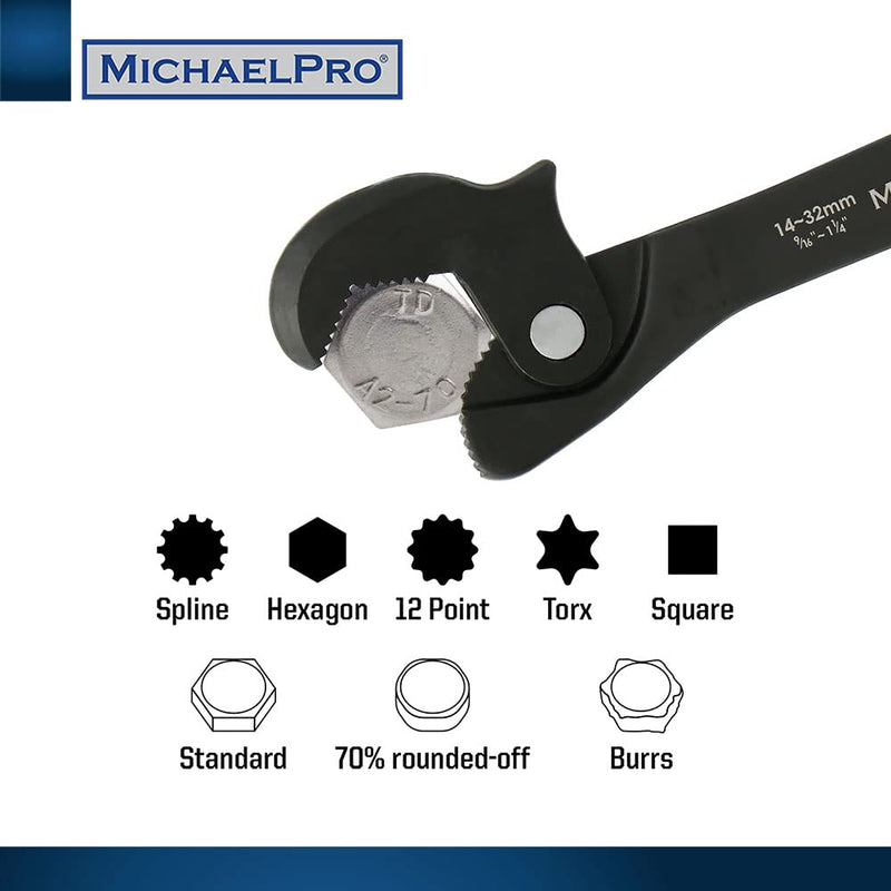 MichaelPro Dual Action Auto Size Adjusting Wrench, 5/16” to 1-1/4" (8 – 32mm) Self-Adjusting Quick Wrench, Multi-Size Spring | MP001206, Black 14-Inches