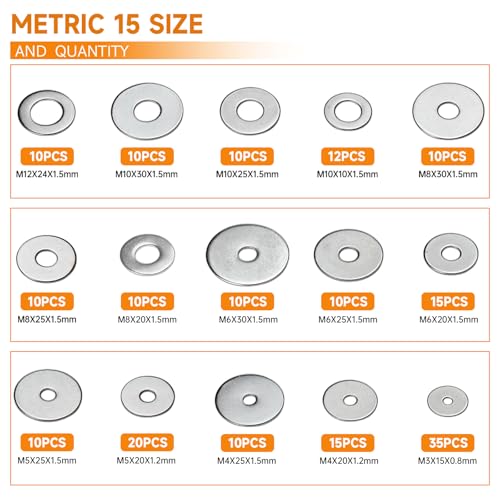 470pcs Fender Washers 304 Stainless Steel Flat Washers 23 Sizes SAE+Metric Assorted Washers Set Assortment Washer Kit for Screws Bolts (M3 M4 M5 M6 M8 M10 M12 6# 8# 10# 1/4 5/16 3/8 1/2) Size 1