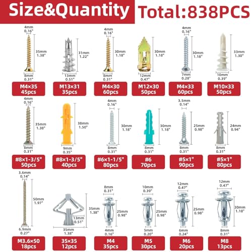 838-Piece Value Combo Set Plastic Drywall Anchor kit with Screws and Petal nut Expansion nut mounts, 11 Sizes Total Plus Screw tweezer Tool Set 11-Sizes Value Drywall Anchors Gray/Copper/White/Orange/Green/Silver（11-Sizes） 838