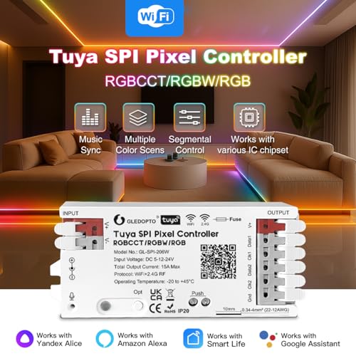 GLEDOPTO Tuya SPI Pixel Controller RGBCCT RGBW RGB WiFi ZigBee LED Controller Dynamic Light Music Synchronisation Compatible with Smart Life Google Assistant Alexa Yandex (206W WiFi SPI) 206W WiFi SPI