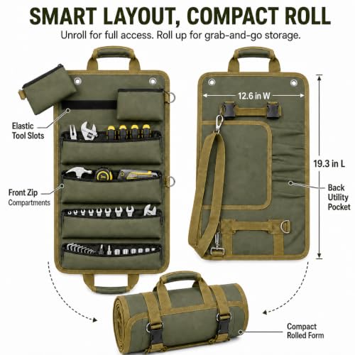 Roll Up Tool Bag, Heavy Duty Portable Organizer for Mechanic, Electrician, and Hobbyist, Green (Military Green-1680D) Military Green-1680D