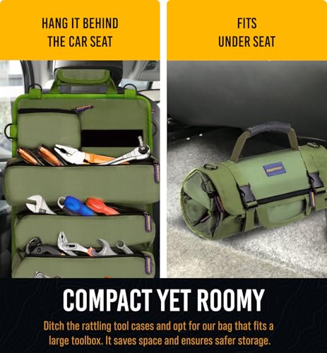 CRAFT911 Durable Tool Bag Organizers w/Detachable 6 Tool Pouches – Small Roll Up Bag | Compact & Lightweight Roll Up Tool Bag Organizer for Electrician, Mechanic, Hobbyist – Green