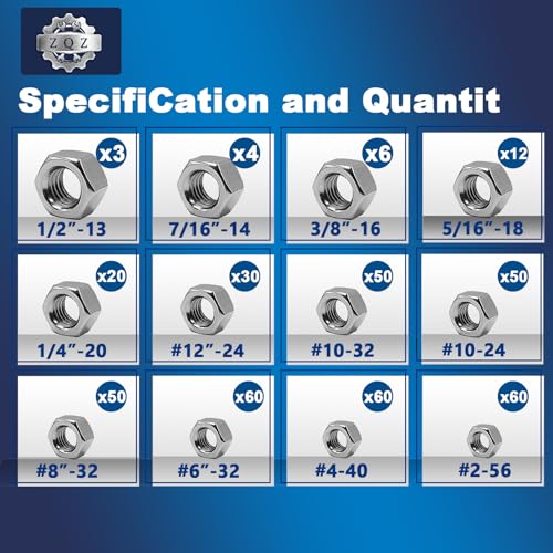 ZQZ 405 Pcs SAE Hex Nuts Assortment Kit + ZQZ 108Pcs Flat Washers, 304 Stainless Steel