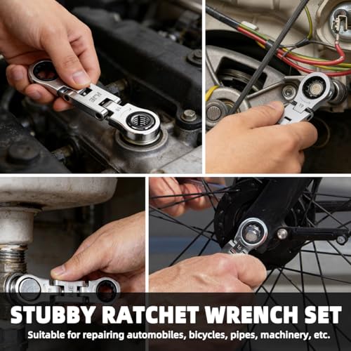 KJE 5PCS Stubby Metric 8-19mm Wrenches Set, 72-Tooth Flex Head Ratcheting Combination Wrench Set,Mini Wrench Set, Compact Double Box End Ratchet Wrench, for Tight Spaces