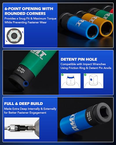 OMT 1/2" Drive Lug Nut Socket Set, Metric And SAE Wheel Socket Set, 5pc 17 19 21 mm & 13/16 7/8 inch Standard