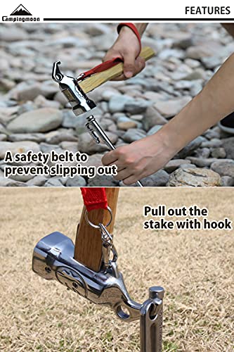 CAMPINGMOON Camping Hammer Peg Tent Stake Hammer Stainless Steel Built-in Pure Copper Head Wood Hand with Tent & Tarp Stake Remover C5 Built-in Pure Copper Head Hammer (C5)