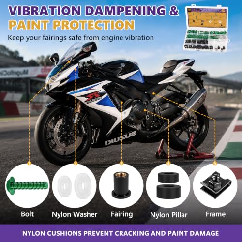 205Pcs Motorcycle Fairing Bolt Kit, M5 M6 Stainless Steel 304, Green