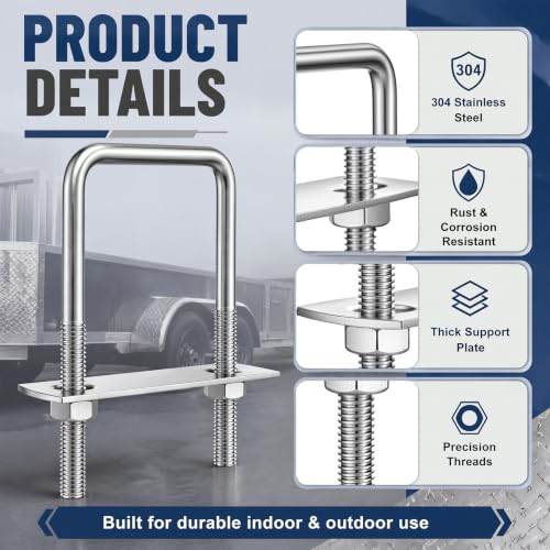 18 Pack M6 U Bolt Assembly, 2 Inch Wide 50 x 80mm Square U-Bolts