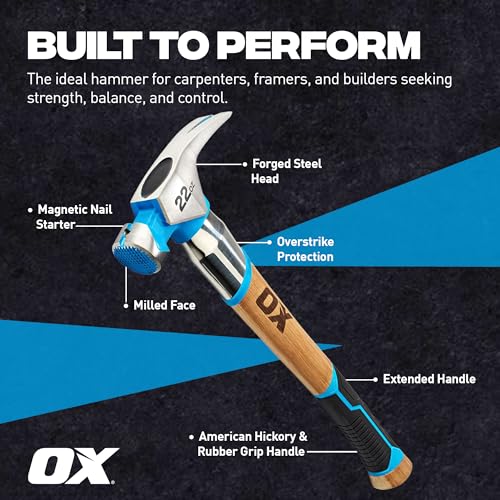 OX 22 oz Framing Hammer Milled Face with Rubber Grip Wood Handle Hammers with American Hickory - Claw Martillos De Construccion 22-oz Hammer + Steel shaft & Grip