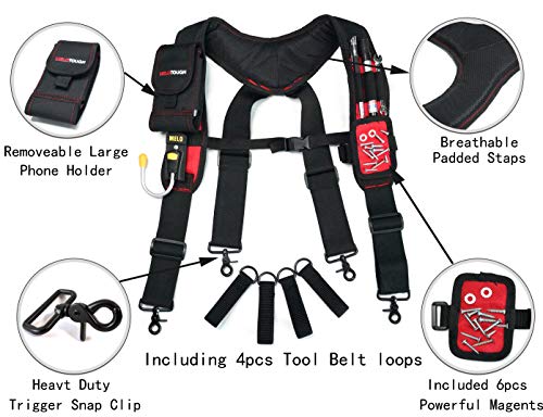 MELOTOUGH Magnetic Suspenders Tool Belt Suspenders with Large Moveable Phone Holder + 2 Inch Wide Nylon Web Quick Release Work Belt