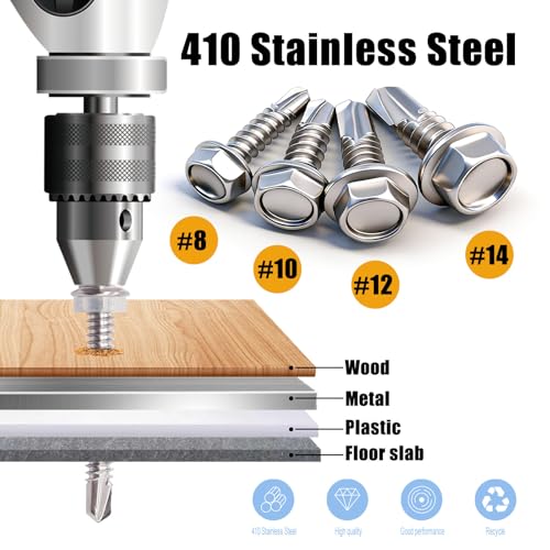 weideer 1000pcs Self Tapping Screws for Metal, #8#10#12#14,410 Stainless Steel Sheet Metal Screws Assortment Kit, Hex Washer Head Self Drilling Screw with Rubber Washer,Length 1/2" to 2'' SV 1000PCS #8#10#12#14 Kit