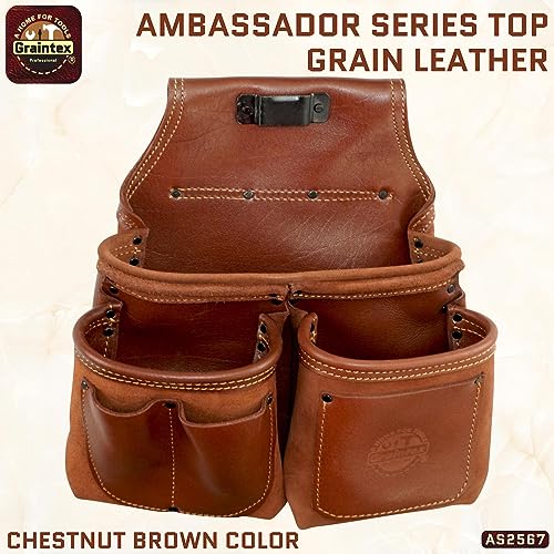 Graintex Ambassador Series 6 Pocket Framers Professional Nail & Tool Pouch Durable and Versatile Genuine Top Grain Leather for Framers, Constructors, Electricians, Plumbers, Handyman Chestnut Brown