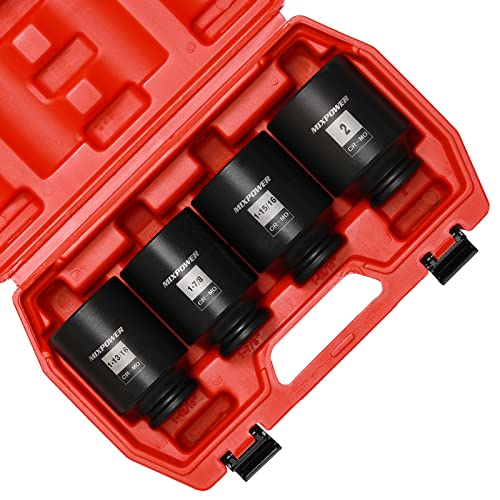 MIXPOWER 1/2-Inch Drive Deep Impact Socket Set, Inch, Cr-Mo, 6 Point, 1-13/16",1-7/8", 1-15/16", 2", 4-Pieces 1/2" Dr. Spindle Axle Nut Impact Socket Set, Impact Grade