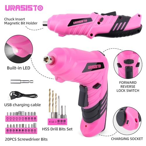 URASISTO 123 Piece Pink Household Tool Set with 3.6V USB Electric Screwdriver, Home Tool Kit with Cordless Lithium-ion Drill Driver, HandTool Kits for Women
