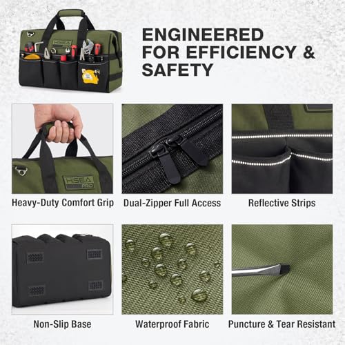 HISEA Heavy Duty Tool Bag 20 Pockets, 16-Inch Portable Tool Box Organizer Green 16inch