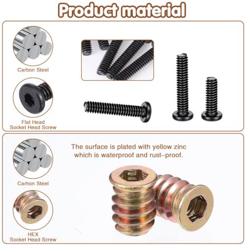 163-Piece 1/4"-20 Threaded Inserts for Wood Furniture, 80 Brass Insert Nuts, 40pcs 1/4"-20 x 3/4" Bolts, 40pcs 1/4"- 20 x 1-1/4" Bolts, Twist Drill Bit & 2 Wrenches, Complete Furniture Fastener Kit