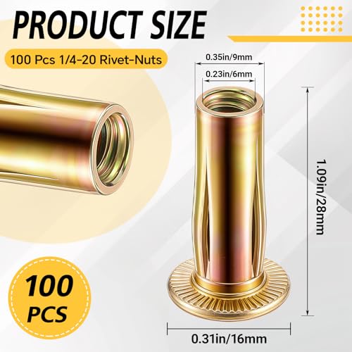 100 Pcs 1/4-20 Rivet Nuts, Multi Grip Threaded Insert Nut Kit, Zinc Plated Steel Flat Head Nutserts for Sheet Metal, Automotive, DIY Repair 100